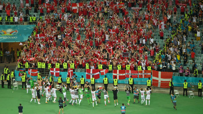 Denmark celebrates with its fans after beating the Czech Republic